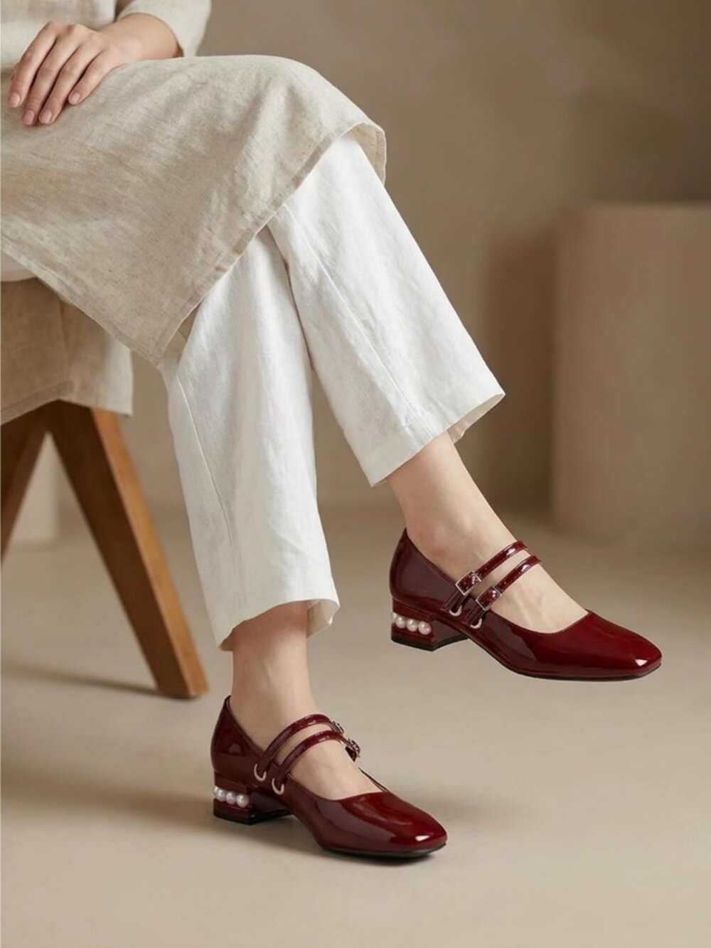 Women's Pearl Burgundy Mary Jane Low Pearl Heels Square Toe Pumps Ballet Shoes - Picture 2 of 6